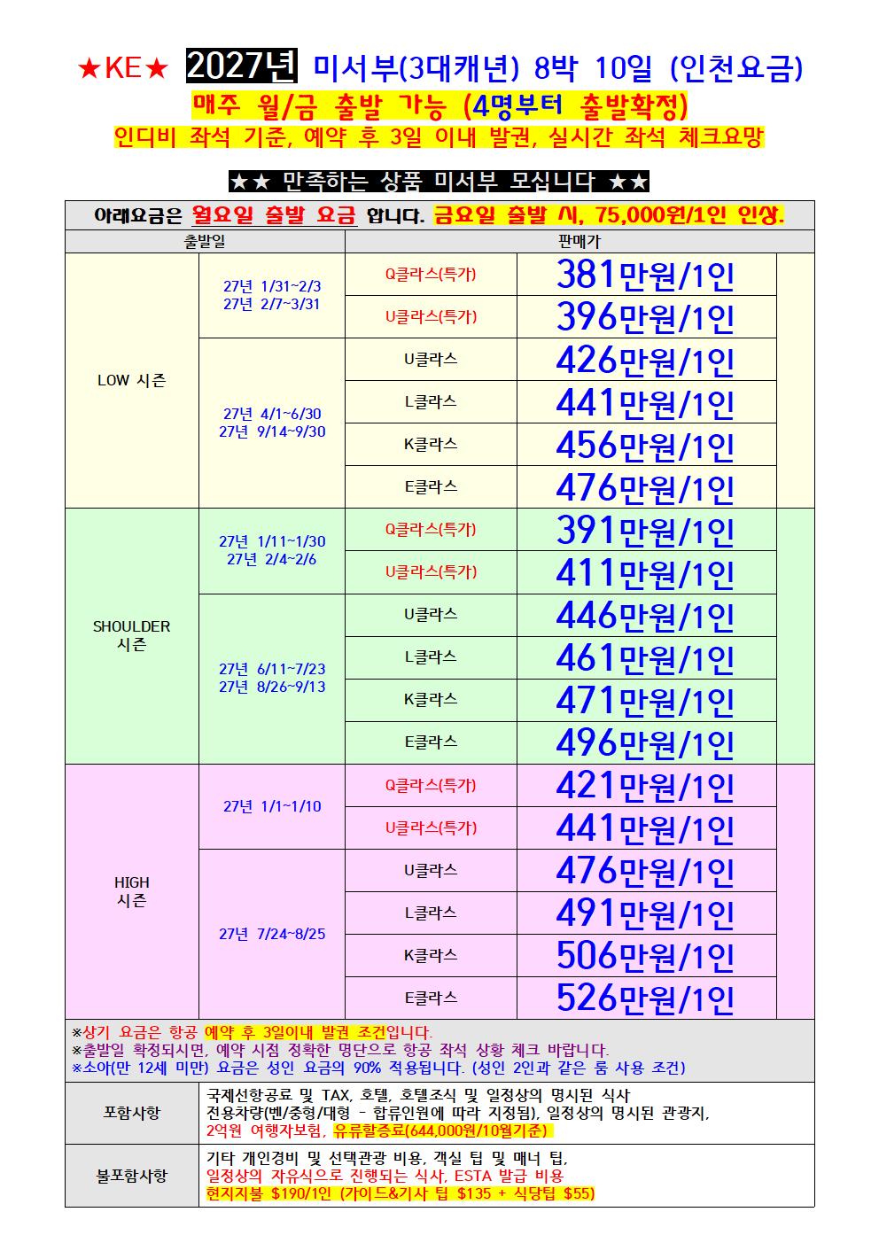 26.10.08 고객가  투어다인  (요금표) 미주 팩키지 KE __인천요금___26.10.08수정-02002